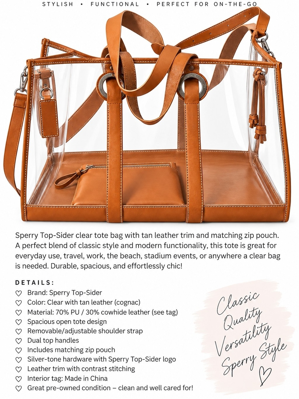 Sperry Clear Tote with Cognac Leather Trim